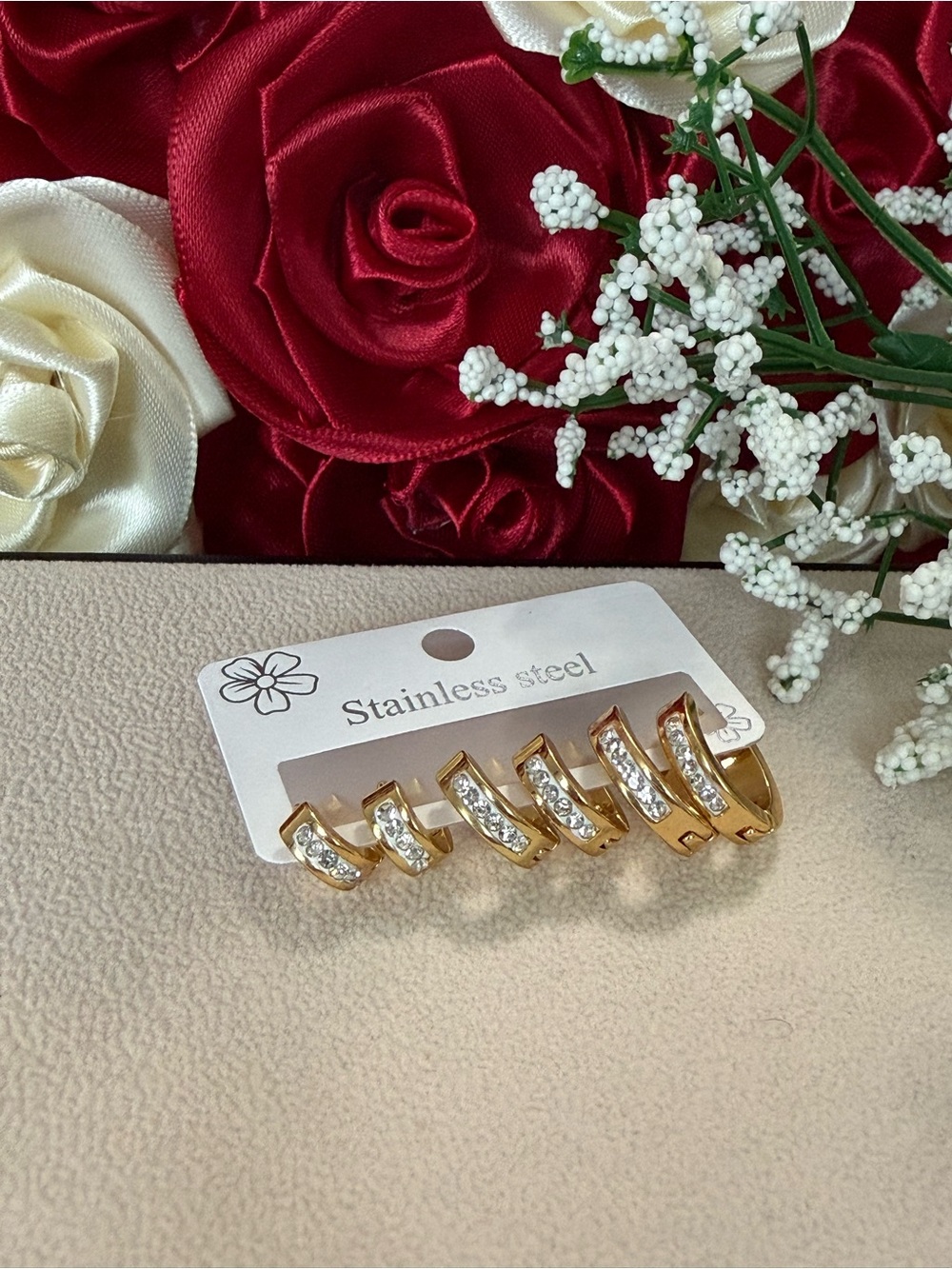 Gold Stainless Steel Crystal Huggie Earrings - Set of 3